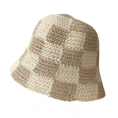 Women’s beige checkered straw sun hat – foldable, one-size fits most