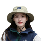 Packable wide-brim sun hat for women on outdoor trail