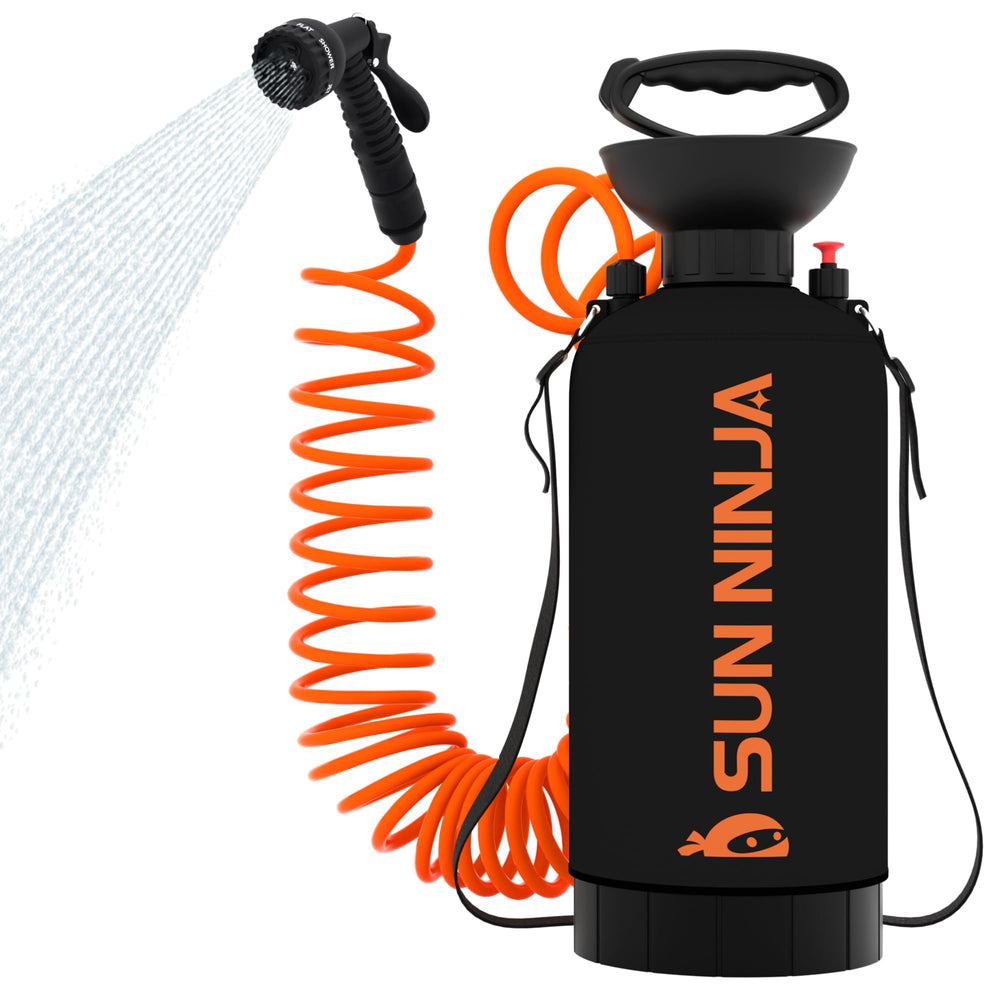 Sun Ninja portable shower setup for outdoor rinsing on hikes or beaches.