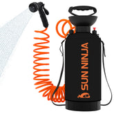 Sun Ninja portable shower setup for outdoor rinsing on hikes or beaches.