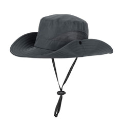 Dark gray sun hat with wide brim worn by adults