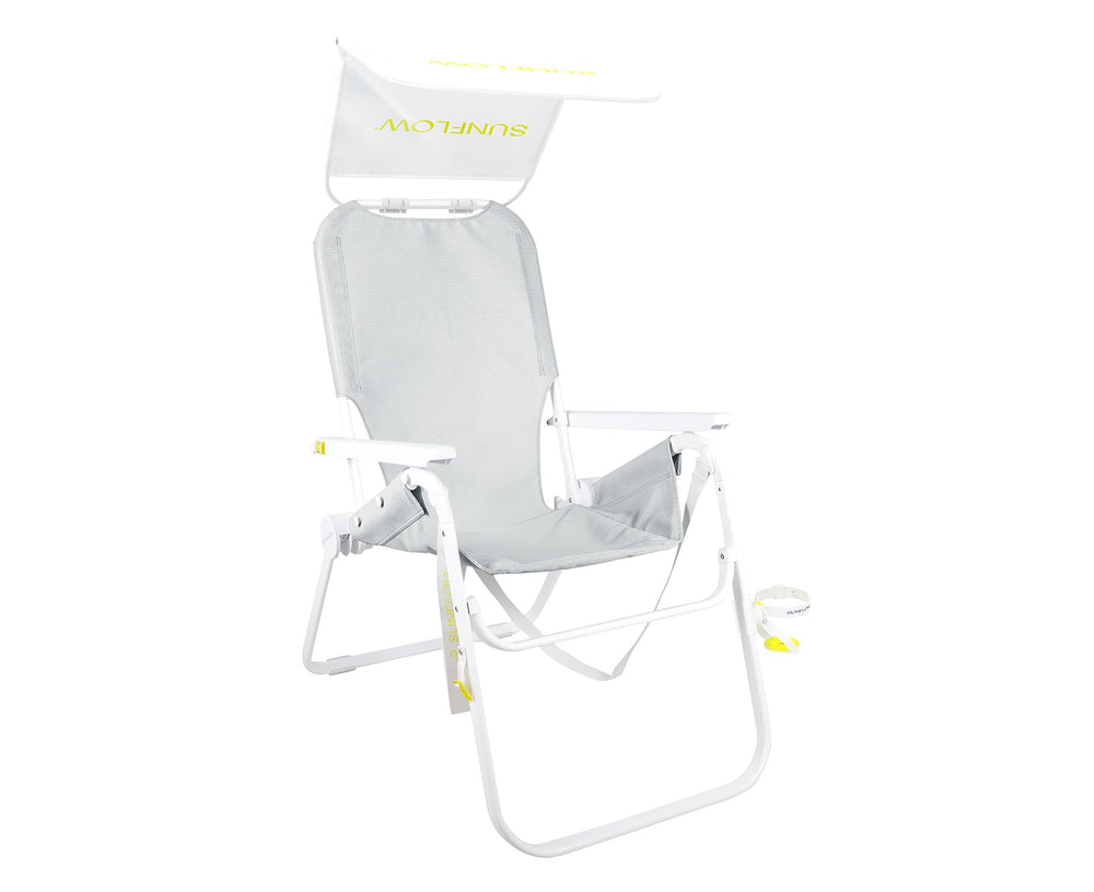 SUNFLOW Tall Sand Dune Chair beach-scene with shade for sun protection.