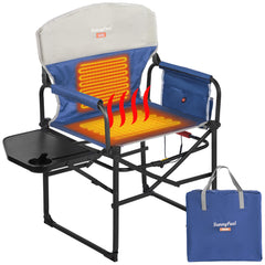 SunnyFeel heated camping director's chair with a side table for easy snacks.