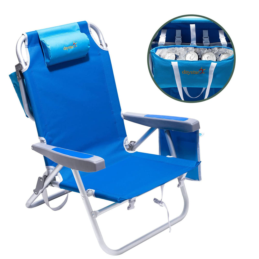 SunnyFeel Low Beach Chair blue demonstrates 5-position recline for all-day beach comfort