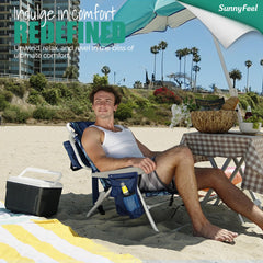 SunnyFeel Low Beach Chair blue shows built-in cup holder for hands-free sipping during outings