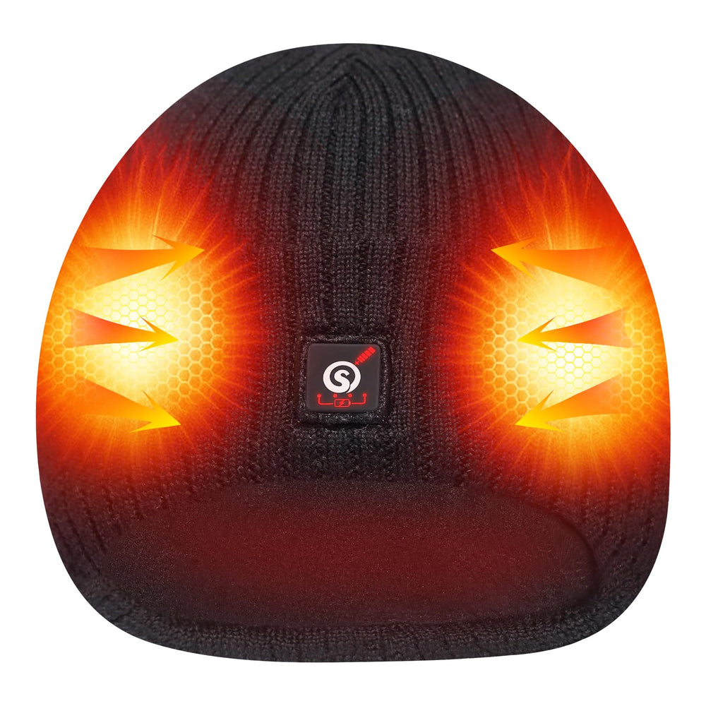 Sun Will heated hat front view showing lightweight warmth for winter commutes.