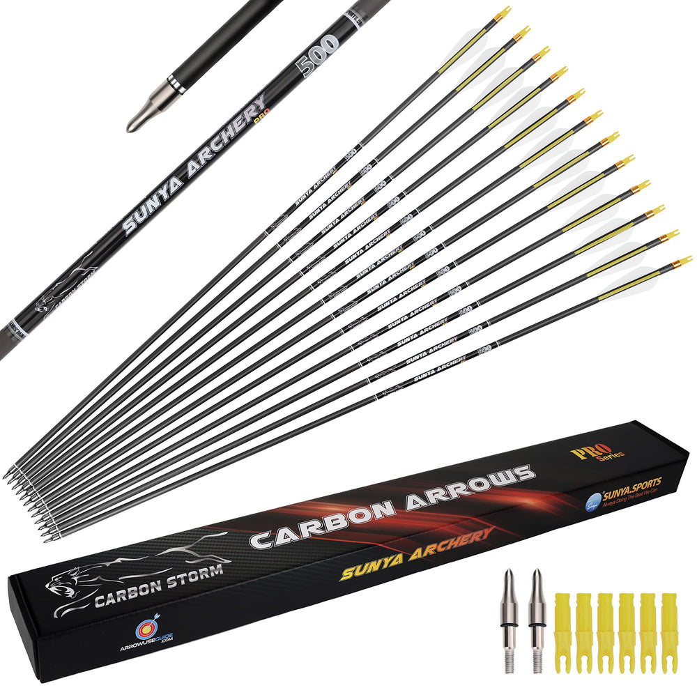 SUNYA archery 12pc carbon arrows with 30in shafts for precise target practice.
