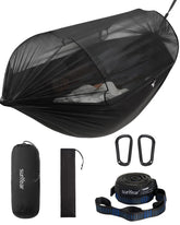 Sunyear camping hammock net assembly shows quick, tool-free setup for outdoor rest.