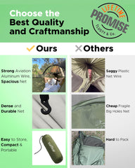 Sunyear camping hammock net close-up reveals parachute nylon and durable stitching.