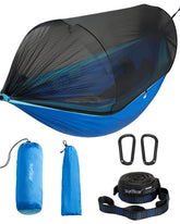 Sunyear camping hammock with net setup demonstrates fast, easy assembly outdoors.