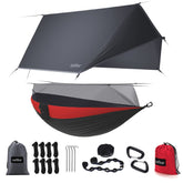 Sunyear camping hammock rain-fly-setup provides weather shield for outdoor comfort.