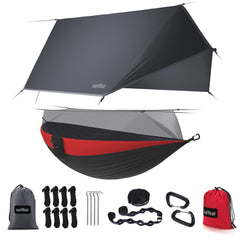 Sunyear camping hammock rain-fly-setup provides weather shield for outdoor comfort.