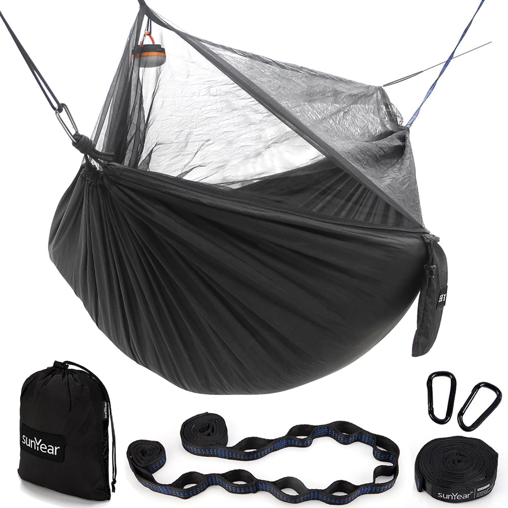 Sunyear hammock netting setup demonstrates quick, tool-free installation for camping trips