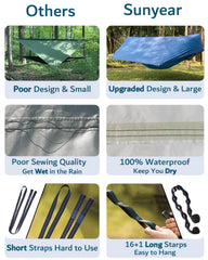 Sunyear hammock with net shows dense insect protection for peaceful nights in the woods.