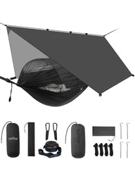 Sunyear camping hammock net setup shows quick installation for outdoor relaxation