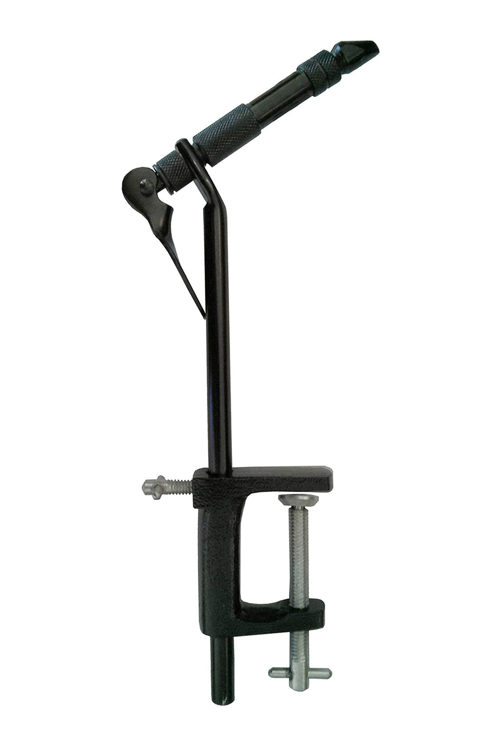 Super AA Fly Tying Vise with precision stainless steel tapered jaws and a 360° rotating head attached to a table edge