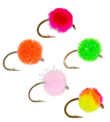 Superbe Flies glow bug egg set shown for river fishing with high visibility