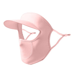 Surakey full face cover in pink shields the face from sun and wind.