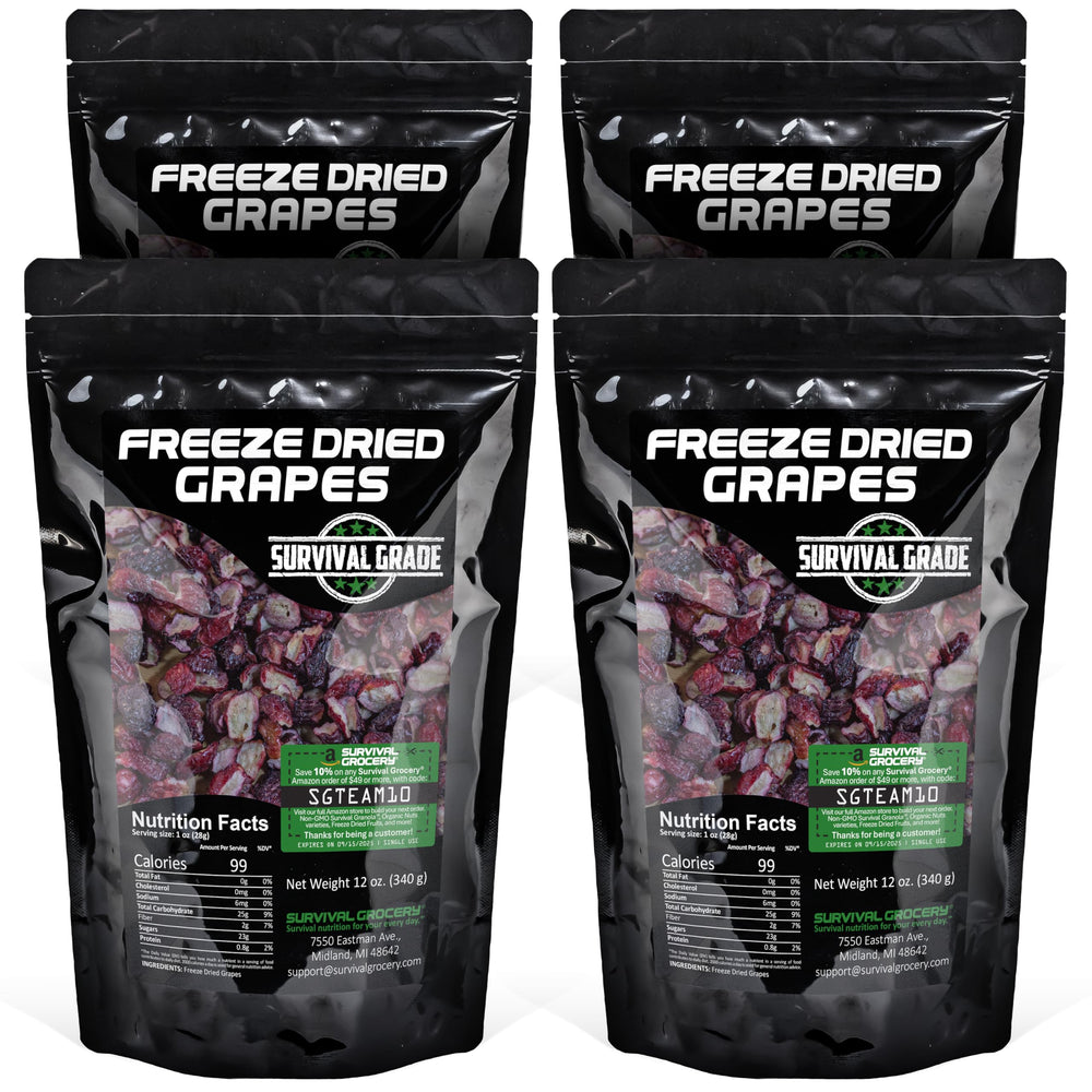 Survival Grocery Freeze-Dried Grape Halves bag front, resealable for freshness
