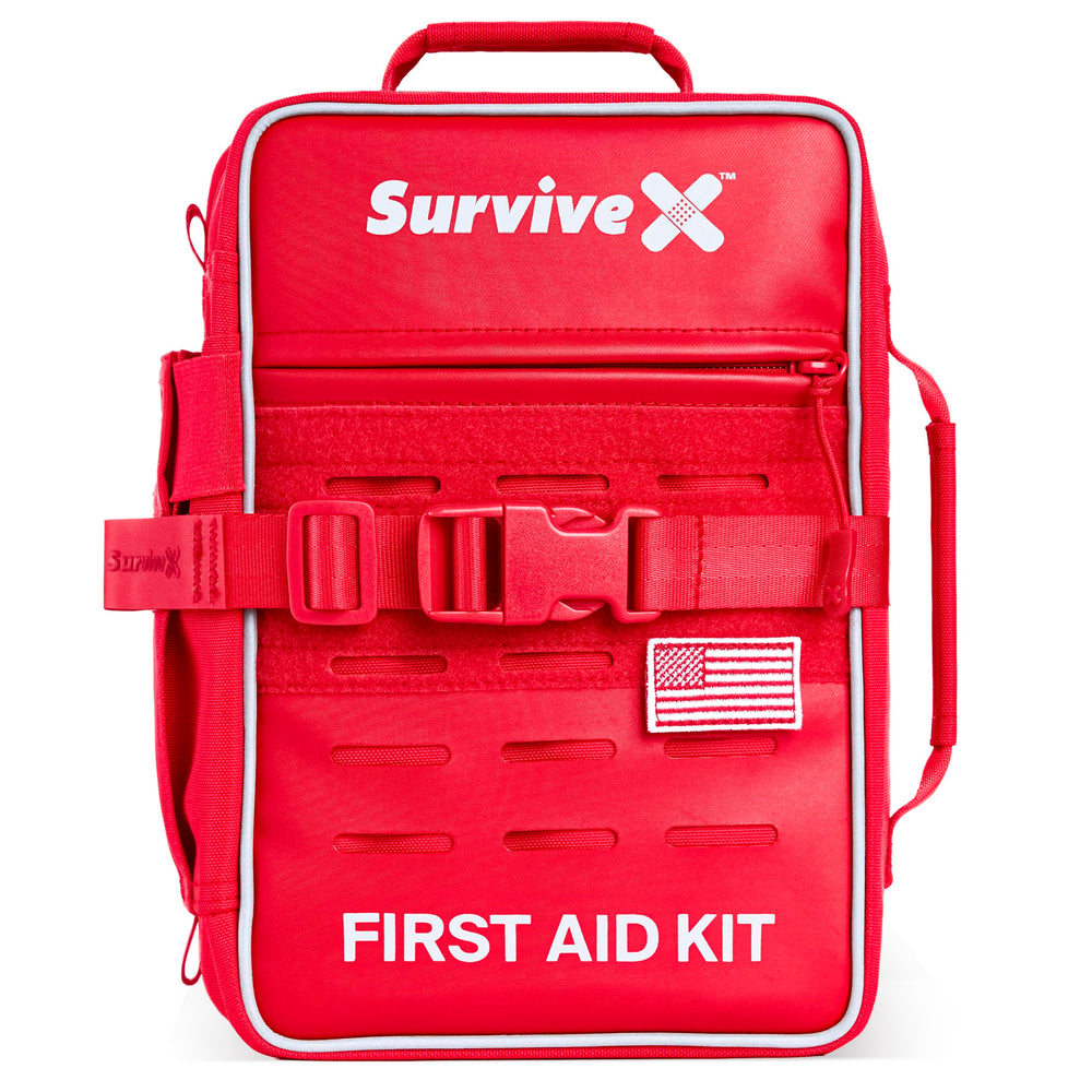 SurviveX Large Pro First Aid Kit front view for road-trip readiness.
