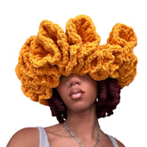 SUXINRY bucket hat handmade crochet with ruffled brim in turmeric, cozy for winter outings.
