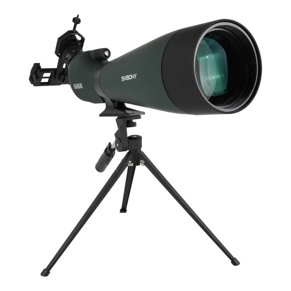SVBONY SV28 100mm angled spotting scope for long-range viewing with bright imagery.