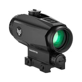 Swampfox Trihawk 3x30 prism scope front view highlights compact profile for quick target acquisition.