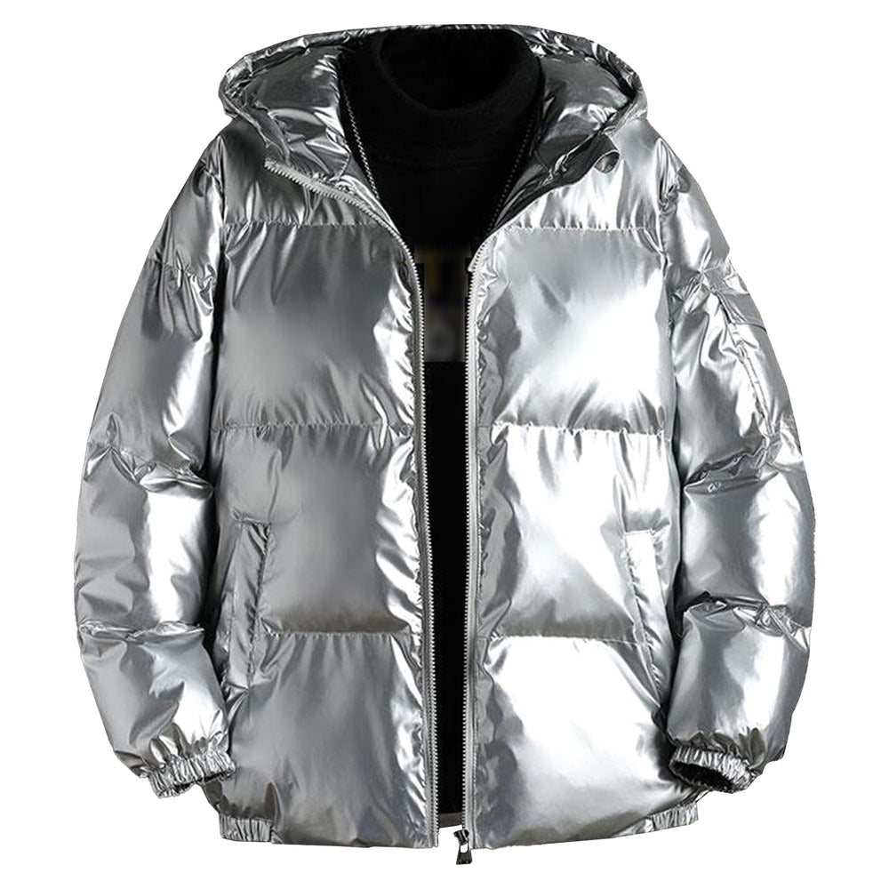 SWJGLITTR men's thickened hooded silver jacket with a sleek metallic finish for winter warmth.