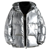 SWJGLITTR thickened hooded silver jacket front view shows a sleek, warm silhouette for winter days.