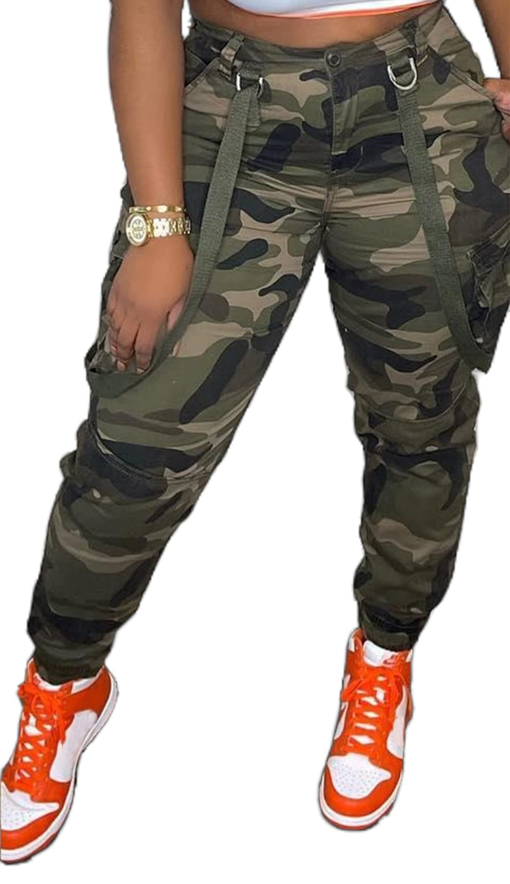 Symina women's camo cargo pants front view with pockets and slim silhouette for everyday wear.