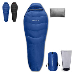 SYWSKW down sleeping bag in blue exterior highlights 680FP duck down warmth.