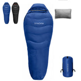 SYWSKW down sleeping bag blue packable design for backpacking and minimalist camping.