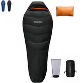 SYWSKW down sleeping bag in compact form for easy backpacking carry and quick setup.