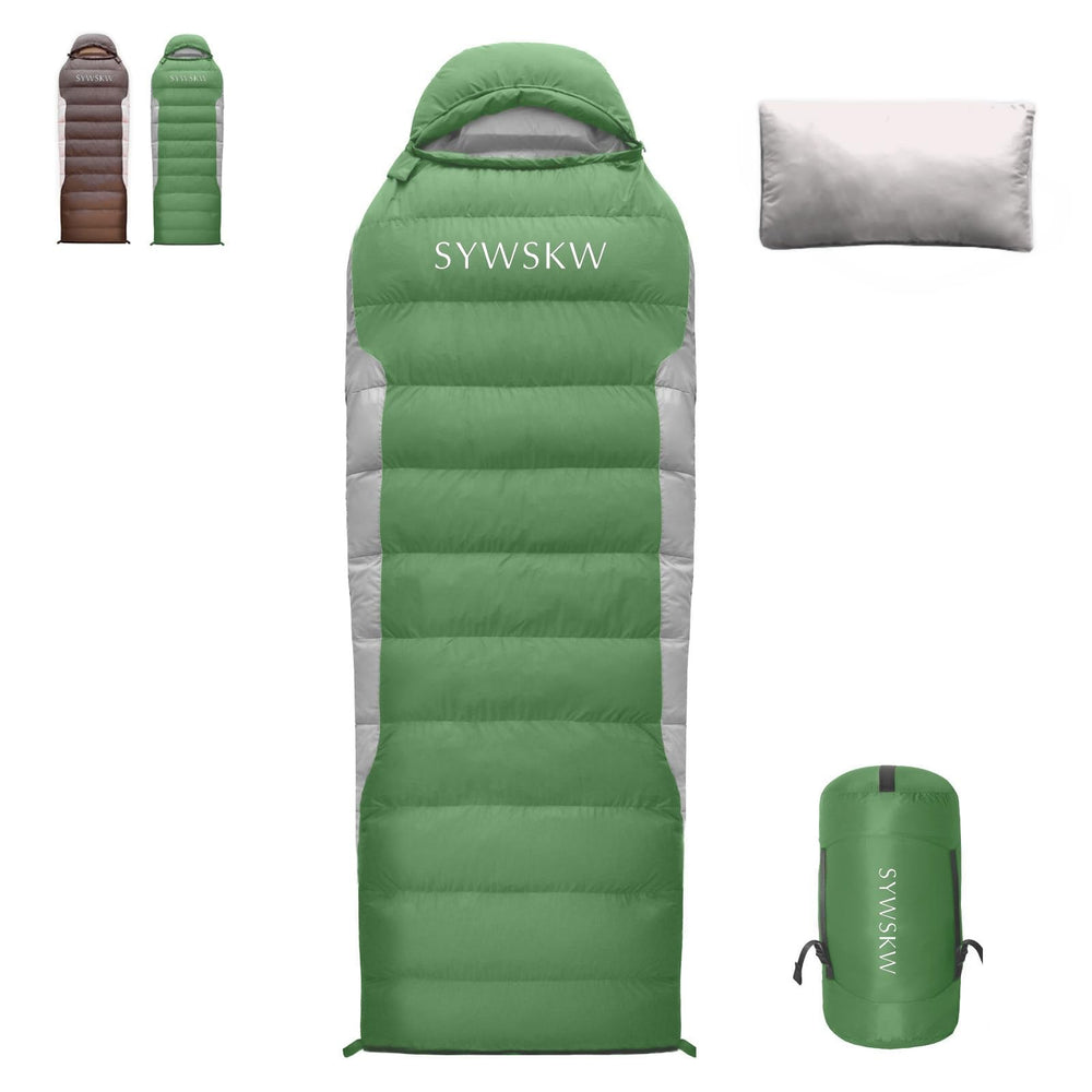 SYWSKW down sleeping bag packed compact for easy backpacking adventures.