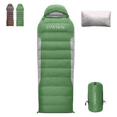 SYWSKW down sleeping bag packed compact for easy backpacking adventures.