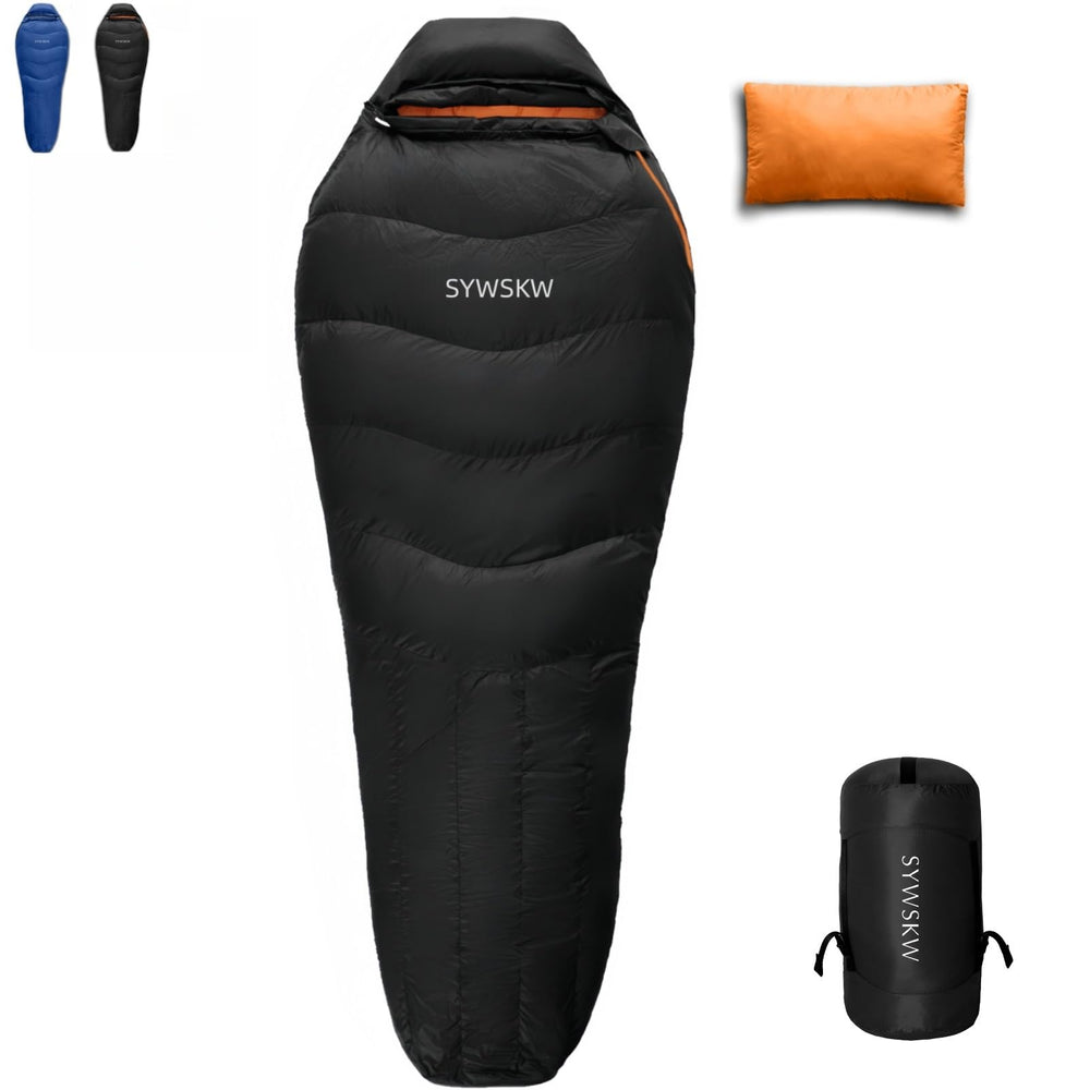 SYWSKW down sleeping bag with pillow integrated for compact travel comfort.