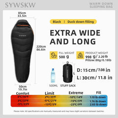 SYWSKW down sleeping bag demonstrates ultralight packability for easy backpacking.