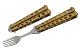 SZCO Supplies 9 inches gold finished butterfly-open travel fork with a gleaming handle for camping meals.