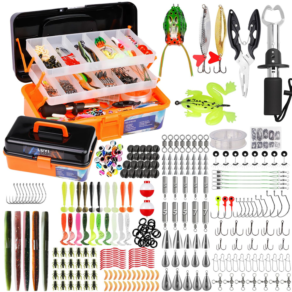 Large 3-layer tackle box filled with 423-piece fishing lure kit