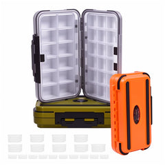Three-pack small tackle box organizer in green, orange, and gray - front view