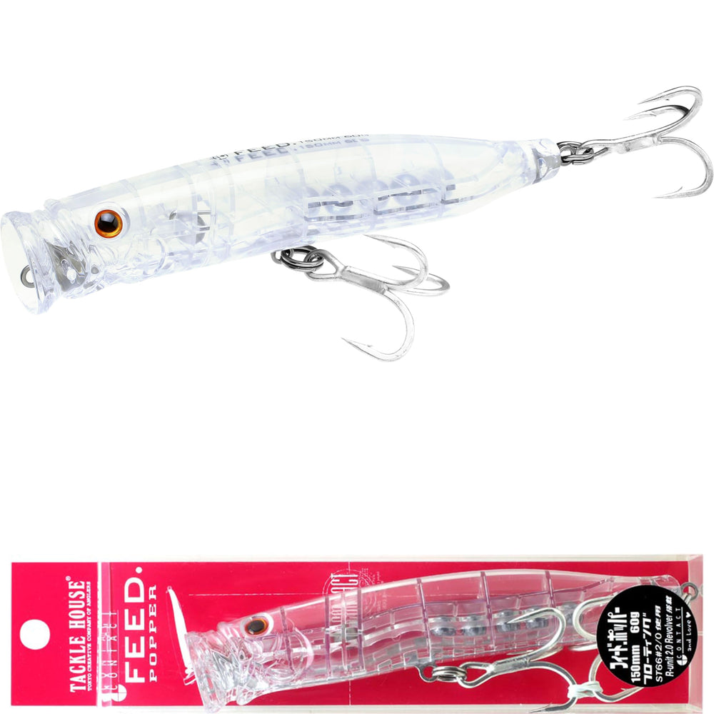 Tackle House Feed Popper 150 Clear front view highlights topwater lure for surface strikes