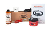 Tan-a-Snake Kit tools layout helps beginners start professional tanning at home.