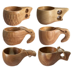 TANFEI wooden kuksa set 6-pack with varied designs for camping and home use.