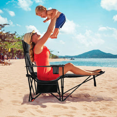 Tangkula chair with cup holders highlights beverages easily within reach during outdoor relaxation.