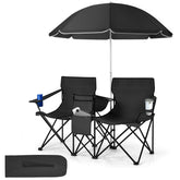 Tangkula double camping chair with umbrella provides adjustable shade for outdoor seating.