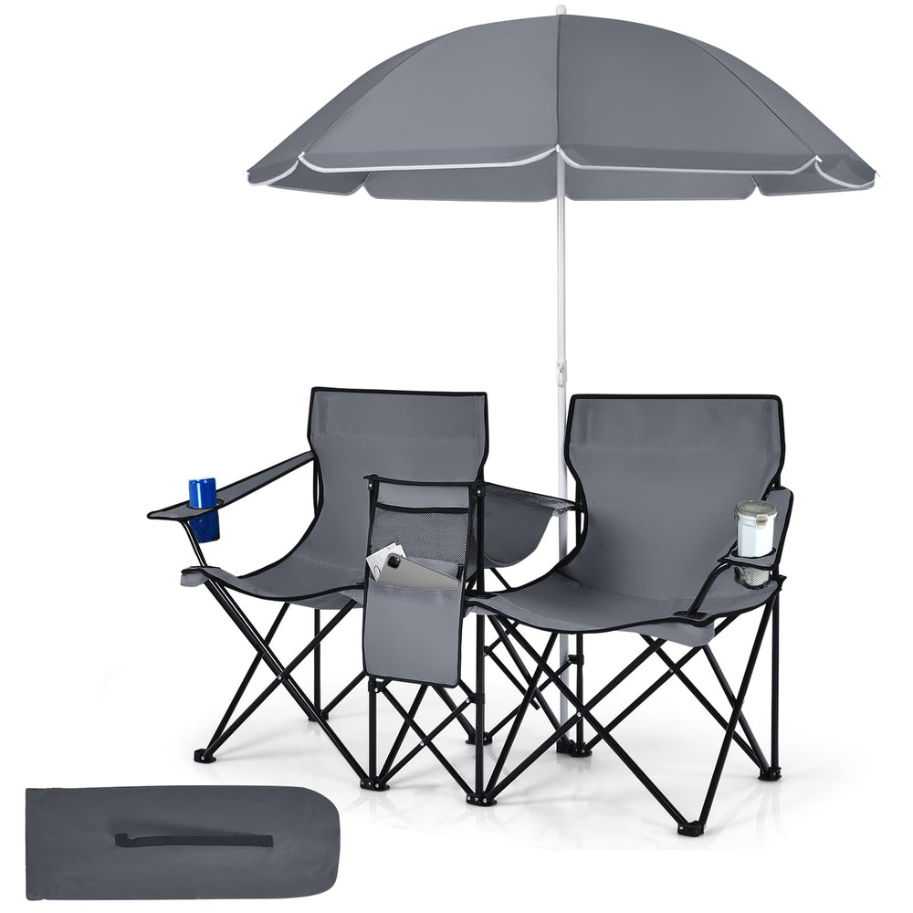Tangkula double camping chair with umbrella shields sun during outdoor trips.