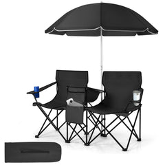 Tangkula double camping chair with umbrella provides adjustable shade for outdoor seating.