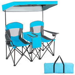 Tangkula loveseat camping chair with detachable canopy providing shade at outdoor gatherings.
