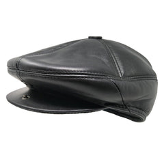 TangTown Lambskin Newsboy Cap in black, back view, classic silhouette with durable leather