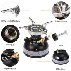 Taruor stove with foldable serrated support arms keeps pots secure outdoors.